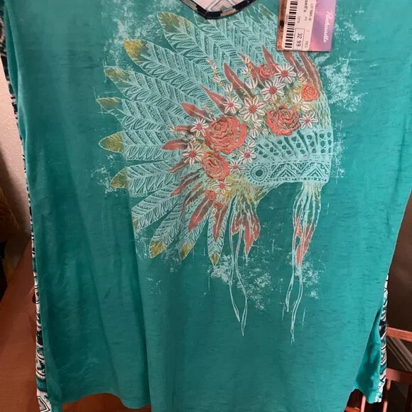 NWT Women’s Sz. L Panhandle Texas Turq Cap Sleeve Sheer Shirt Native American - Picture 2 of 4